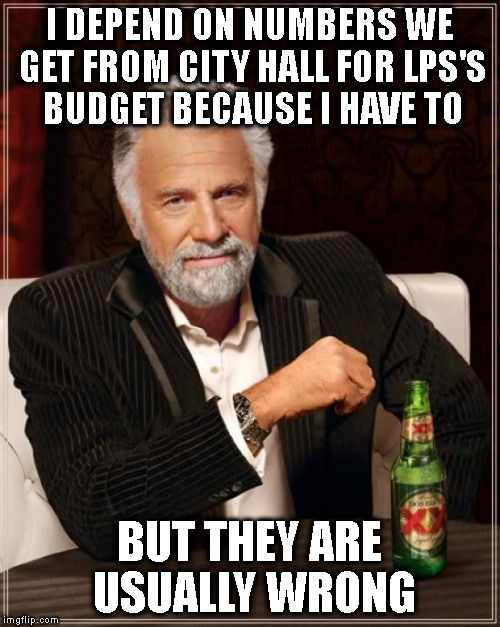 SCHOOLING THE NEWS | I DEPEND ON NUMBERS WE GET FROM CITY HALL FOR LPS'S BUDGET BECAUSE I HAVE TO; BUT THEY ARE USUALLY WRONG | image tagged in memes,the most interesting man in the world,fake news,school,city hall | made w/ Imgflip meme maker