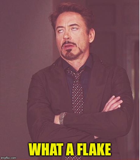Face You Make Robert Downey Jr Meme | WHAT A FLAKE | image tagged in memes,face you make robert downey jr | made w/ Imgflip meme maker