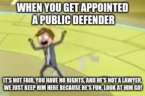 WHEN YOU GET APPOINTED A PUBLIC DEFENDER; IT'S NOT FAIR, YOU HAVE NO RIGHTS, AND HE'S NOT A LAWYER. WE JUST KEEP HIM HERE BECAUSE HE'S FUN. LOOK AT HIM GO! | image tagged in lawyer-not lawyer | made w/ Imgflip meme maker