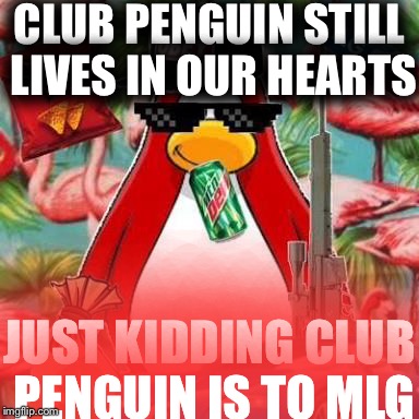 Club penguin | CLUB PENGUIN STILL LIVES IN OUR HEARTS; JUST KIDDING CLUB PENGUIN IS TO MLG | image tagged in rip,mlg | made w/ Imgflip meme maker