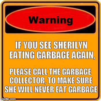 Warning Sign Meme | IF YOU SEE SHERILYN EATING GARBAGE AGAIN, PLEASE CALL THE GARBAGE COLLECTOR, TO MAKE SURE SHE WILL NEVER EAT GARBAGE | image tagged in memes,warning sign | made w/ Imgflip meme maker