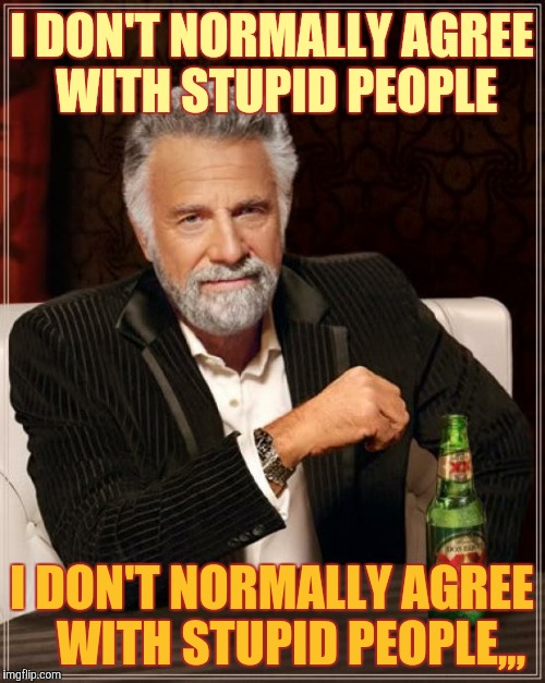 The Most Interesting Man In The World Meme | I DON'T NORMALLY AGREE WITH STUPID PEOPLE; I DON'T NORMALLY AGREE    WITH STUPID PEOPLE,,, | image tagged in memes,the most interesting man in the world | made w/ Imgflip meme maker
