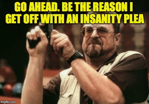 Am I The Only One Around Here | GO AHEAD. BE THE REASON I GET OFF WITH AN INSANITY PLEA | image tagged in memes,am i the only one around here | made w/ Imgflip meme maker