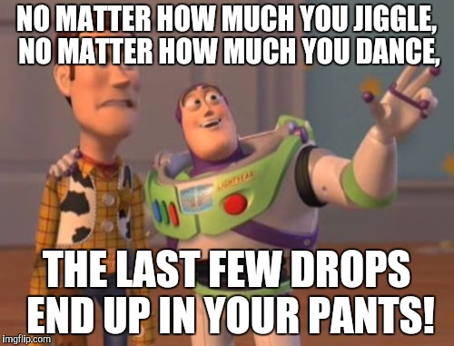 Meme inspired by Lafonso. Poem heard years ago... Possibly read in Playboy. | NO MATTER HOW MUCH YOU JIGGLE, NO MATTER HOW MUCH YOU DANCE, THE LAST FEW DROPS END UP IN YOUR PANTS! | image tagged in memes,x x everywhere | made w/ Imgflip meme maker