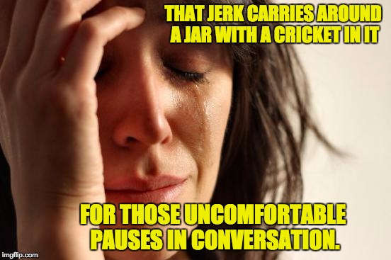 First World Problems | THAT JERK CARRIES AROUND A JAR WITH A CRICKET IN IT; FOR THOSE UNCOMFORTABLE PAUSES IN CONVERSATION. | image tagged in memes,first world problems | made w/ Imgflip meme maker