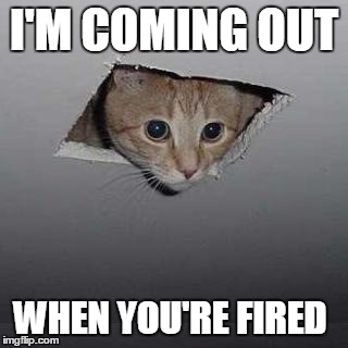 Ceiling Cat | I'M COMING OUT; WHEN YOU'RE FIRED | image tagged in memes,ceiling cat | made w/ Imgflip meme maker