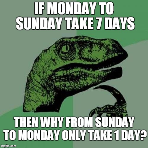 Philosoraptor Meme | IF MONDAY TO SUNDAY TAKE 7 DAYS; THEN WHY FROM SUNDAY TO MONDAY ONLY TAKE 1 DAY? | image tagged in memes,philosoraptor | made w/ Imgflip meme maker