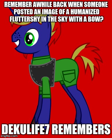 REMEMBER AWHILE BACK WHEN SOMEONE POSTED AN IMAGE OF A HUMANIZED FLUTTERSHY IN THE SKY WITH A BOW? DEKULIFE7 REMEMBERS | made w/ Imgflip meme maker