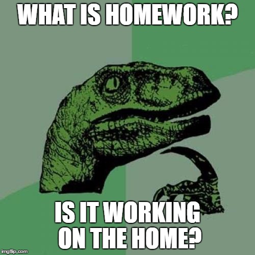 Philosoraptor Meme | WHAT IS HOMEWORK? IS IT WORKING ON THE HOME? | image tagged in memes,philosoraptor | made w/ Imgflip meme maker