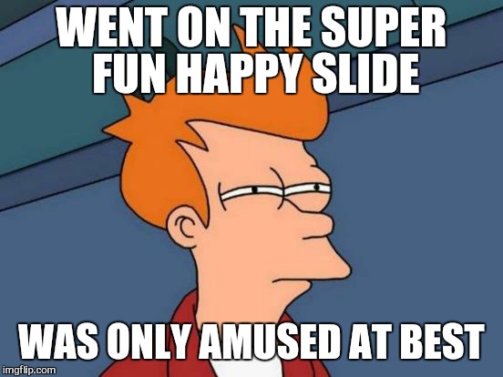 The only time i smiled was on the car ride home | WENT ON THE SUPER FUN HAPPY SLIDE; WAS ONLY AMUSED AT BEST | image tagged in memes,futurama fry,first world problems,the most interesting man in the world | made w/ Imgflip meme maker
