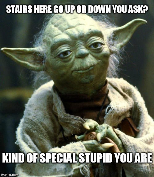 can't believe i heard this yesterday | STAIRS HERE GO UP OR DOWN YOU ASK? KIND OF SPECIAL STUPID YOU ARE | image tagged in memes,star wars yoda,special kind of stupid,stairs,funny | made w/ Imgflip meme maker