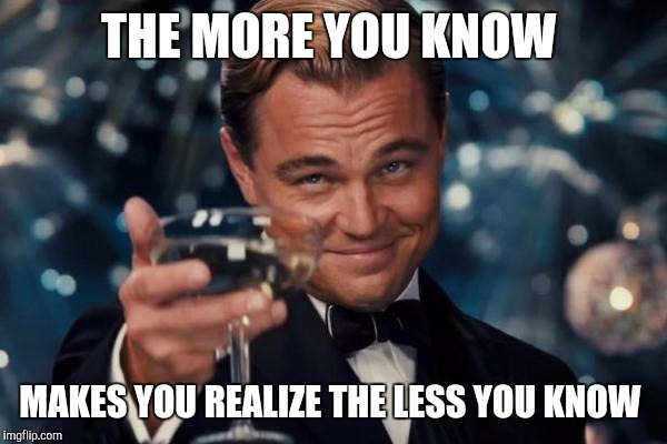 Leonardo Dicaprio Cheers Meme | THE MORE YOU KNOW MAKES YOU REALIZE THE LESS YOU KNOW | image tagged in memes,leonardo dicaprio cheers | made w/ Imgflip meme maker