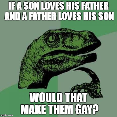 Philosoraptor | IF A SON LOVES HIS FATHER AND A FATHER LOVES HIS SON; WOULD THAT MAKE THEM GAY? | image tagged in memes,philosoraptor | made w/ Imgflip meme maker