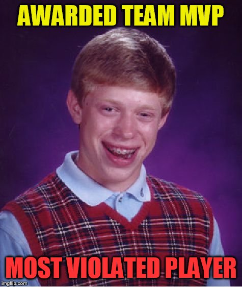 Bad Luck Brian Meme | AWARDED TEAM MVP; MOST VIOLATED PLAYER | image tagged in memes,bad luck brian | made w/ Imgflip meme maker