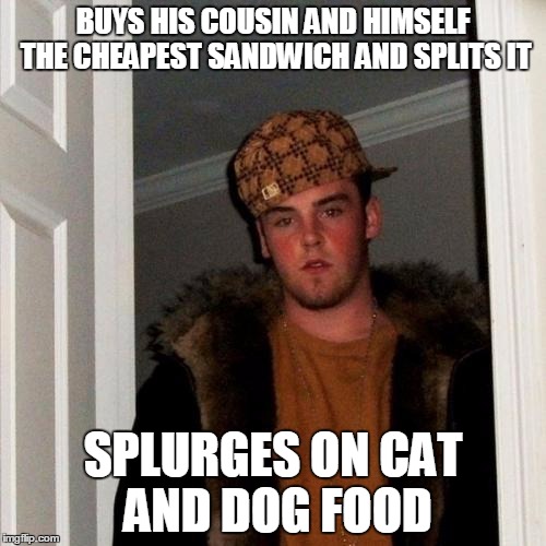 Scumbag Steve Meme | BUYS HIS COUSIN AND HIMSELF THE CHEAPEST SANDWICH AND SPLITS IT; SPLURGES ON CAT AND DOG FOOD | image tagged in memes,scumbag steve | made w/ Imgflip meme maker