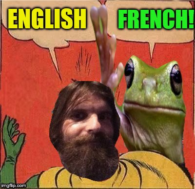ENGLISH FRENCH! | image tagged in frog slapping robin | made w/ Imgflip meme maker