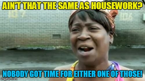 Ain't Nobody Got Time For That Meme | AIN'T THAT THE SAME AS HOUSEWORK? NOBODY GOT TIME FOR EITHER ONE OF THOSE! | image tagged in memes,aint nobody got time for that | made w/ Imgflip meme maker