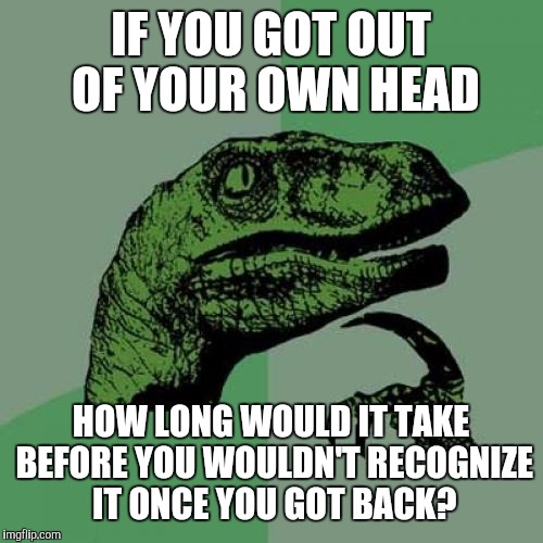 Philosoraptor | IF YOU GOT OUT OF YOUR OWN HEAD; HOW LONG WOULD IT TAKE BEFORE YOU WOULDN'T RECOGNIZE IT ONCE YOU GOT BACK? | image tagged in memes,philosoraptor | made w/ Imgflip meme maker