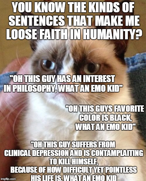 Grumpy Cat Meme | YOU KNOW THE KINDS OF SENTENCES THAT MAKE ME LOOSE FAITH IN HUMANITY? "OH THIS GUY HAS AN INTEREST IN PHILOSOPHY, WHAT AN EMO KID"; "OH THIS GUYS FAVORITE COLOR IS BLACK, WHAT AN EMO KID"; "OH THIS GUY SUFFERS FROM CLINICAL DEPRESSION AND IS CONTAMPLAITING TO KILL HIMSELF, BECAUSE OF HOW DIFFICULT YET POINTLESS HIS LIFE IS, WHAT AN EMO KID | image tagged in memes,grumpy cat | made w/ Imgflip meme maker