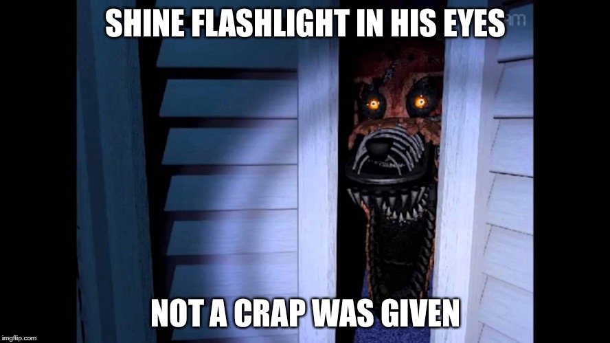 Foxy FNaF 4 | SHINE FLASHLIGHT IN HIS EYES; NOT A CRAP WAS GIVEN | image tagged in foxy fnaf 4 | made w/ Imgflip meme maker