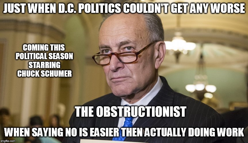 The Obstructionist | JUST WHEN D.C. POLITICS COULDN'T GET ANY WORSE; COMING THIS POLITICAL SEASON STARRING CHUCK SCHUMER; THE OBSTRUCTIONIST; WHEN SAYING NO IS EASIER THEN ACTUALLY DOING WORK | image tagged in schumer,politics | made w/ Imgflip meme maker