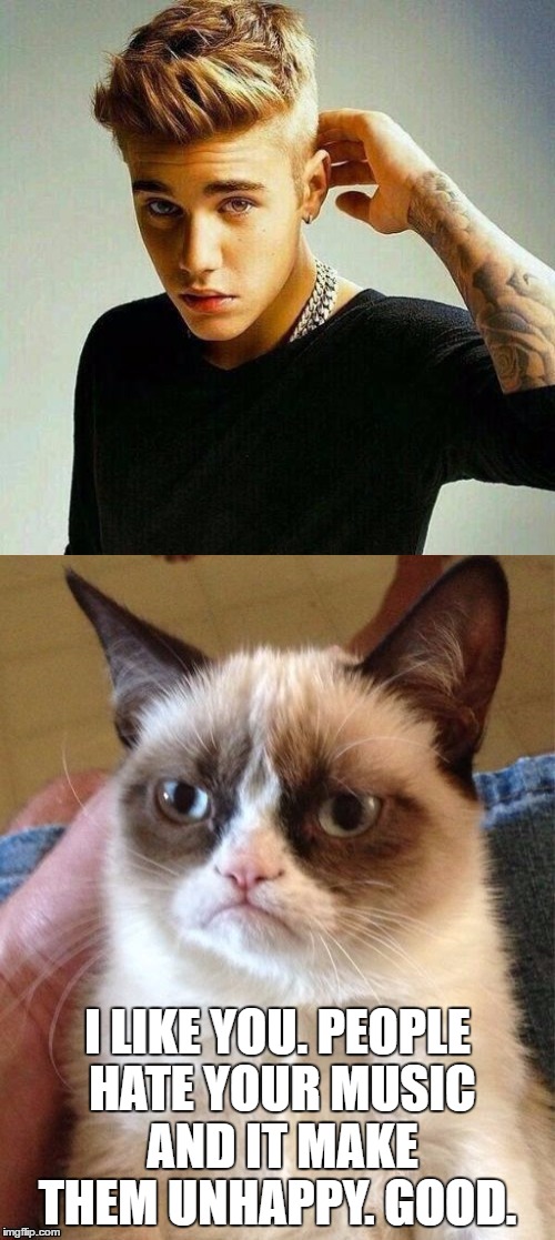 Justin Bieber and Grumpy Cat | I LIKE YOU. PEOPLE HATE YOUR MUSIC AND IT MAKE THEM UNHAPPY. GOOD. | image tagged in justin bieber and grumpy cat | made w/ Imgflip meme maker