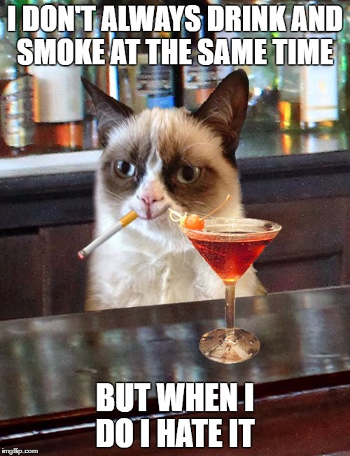 Grumpy cat  | I DON'T ALWAYS DRINK AND SMOKE AT THE SAME TIME; BUT WHEN I DO I HATE IT | image tagged in grumpy cat | made w/ Imgflip meme maker