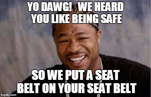 Yo Dawg Heard You Meme | YO DAWG!   WE HEARD YOU LIKE BEING SAFE; SO WE PUT A SEAT BELT ON YOUR SEAT BELT | image tagged in memes,yo dawg heard you | made w/ Imgflip meme maker