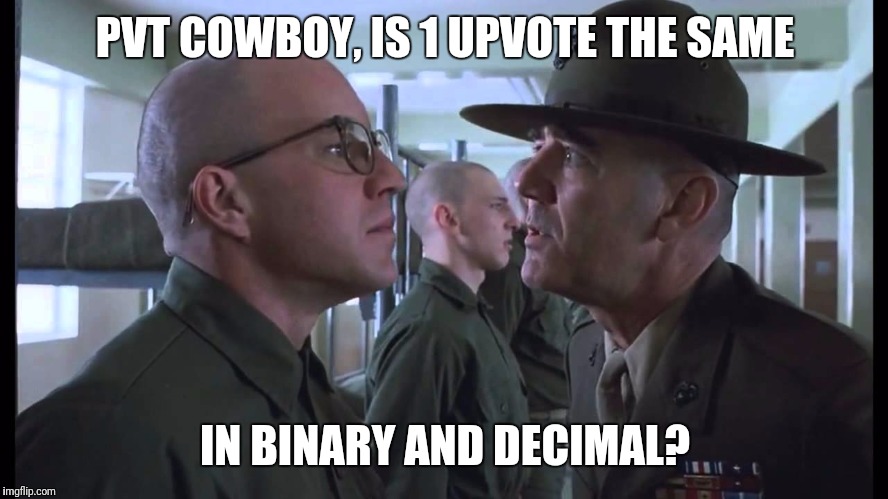 full metal jacket | PVT COWBOY, IS 1 UPVOTE THE SAME IN BINARY AND DECIMAL? | image tagged in full metal jacket | made w/ Imgflip meme maker