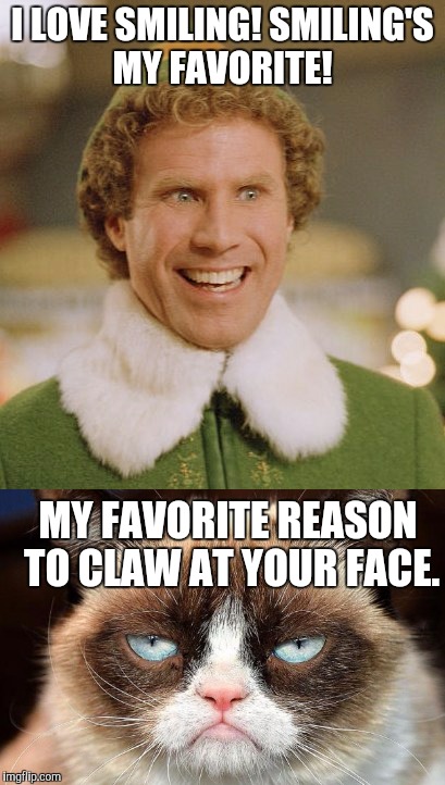 I LOVE SMILING! SMILING'S MY FAVORITE! MY FAVORITE REASON TO CLAW AT YOUR FACE. | image tagged in buddy the elf,grumpy cat,will ferrell | made w/ Imgflip meme maker