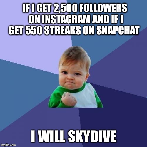 Success Kid Meme | IF I GET 2,500 FOLLOWERS ON INSTAGRAM AND IF I GET 550 STREAKS ON SNAPCHAT; I WILL SKYDIVE | image tagged in memes,success kid | made w/ Imgflip meme maker