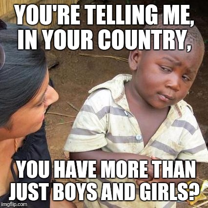 Third World Skeptical Kid Meme | YOU'RE TELLING ME, IN YOUR COUNTRY, YOU HAVE MORE THAN JUST BOYS AND GIRLS? | image tagged in memes,third world skeptical kid | made w/ Imgflip meme maker