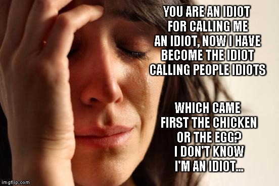 Chicken or Egg? | YOU ARE AN IDIOT FOR CALLING ME AN IDIOT, NOW I HAVE BECOME THE IDIOT CALLING PEOPLE IDIOTS; WHICH CAME FIRST THE CHICKEN OR THE EGG? I DON'T KNOW I'M AN IDIOT... | image tagged in memes,first world problems | made w/ Imgflip meme maker