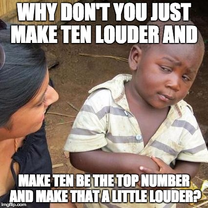 Third World Skeptical Kid Meme | WHY DON'T YOU JUST MAKE TEN LOUDER AND MAKE TEN BE THE TOP NUMBER AND MAKE THAT A LITTLE LOUDER? | image tagged in memes,third world skeptical kid | made w/ Imgflip meme maker