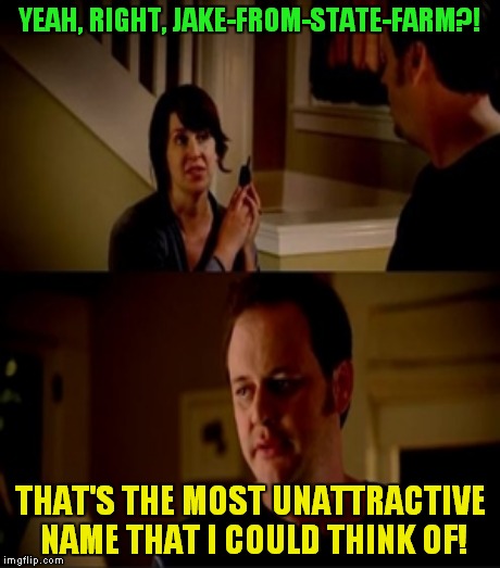 YEAH, RIGHT, JAKE-FROM-STATE-FARM?! THAT'S THE MOST UNATTRACTIVE NAME THAT I COULD THINK OF! | made w/ Imgflip meme maker