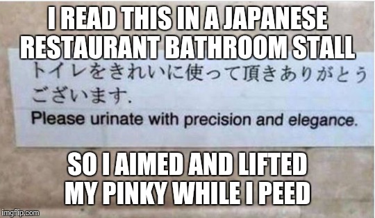 Urinate with Percision & Elegance | I READ THIS IN A JAPANESE RESTAURANT BATHROOM STALL; SO I AIMED AND LIFTED MY PINKY WHILE I PEED | image tagged in urinate,percision,elegance,aim,pee | made w/ Imgflip meme maker