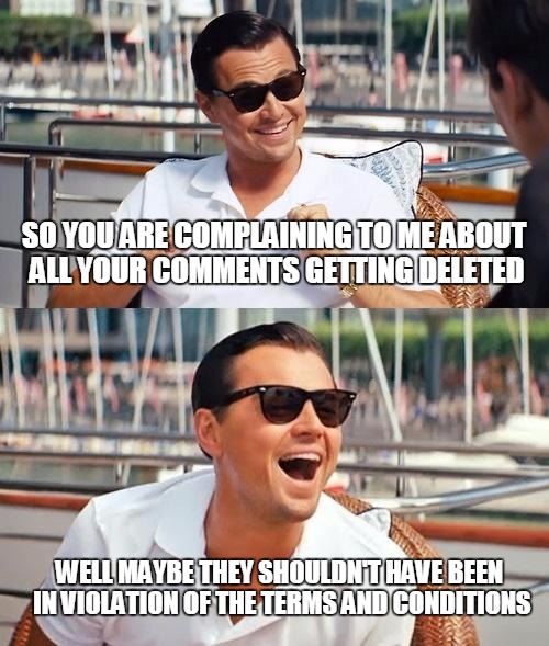 Leonardo Dicaprio Wolf Of Wall Street Meme | SO YOU ARE COMPLAINING TO ME ABOUT ALL YOUR COMMENTS GETTING DELETED; WELL MAYBE THEY SHOULDN'T HAVE BEEN IN VIOLATION OF THE TERMS AND CONDITIONS | image tagged in memes,leonardo dicaprio wolf of wall street | made w/ Imgflip meme maker