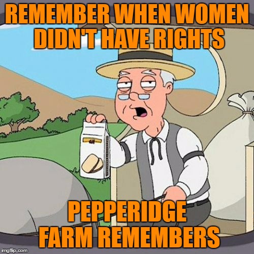 Great Time for Pepperidge farm | REMEMBER WHEN WOMEN DIDN'T HAVE RIGHTS; PEPPERIDGE FARM REMEMBERS | image tagged in memes,pepperidge farm remembers | made w/ Imgflip meme maker
