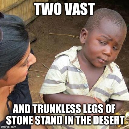 Third World Skeptical Kid Meme | TWO VAST; AND TRUNKLESS LEGS OF STONE STAND IN THE DESERT | image tagged in memes,third world skeptical kid | made w/ Imgflip meme maker