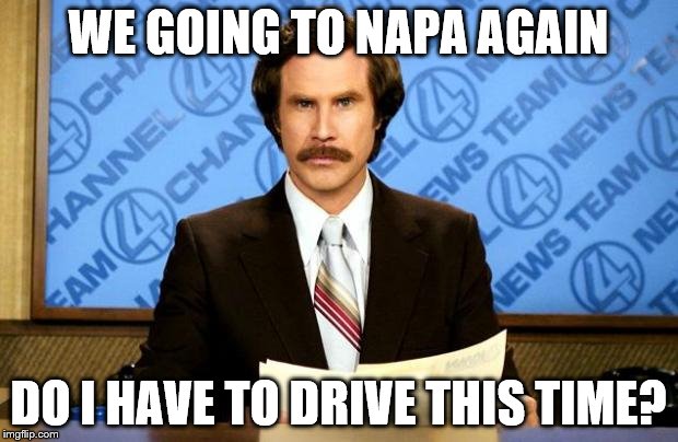 BREAKING NEWS | WE GOING TO NAPA AGAIN; DO I HAVE TO DRIVE THIS TIME? | image tagged in breaking news | made w/ Imgflip meme maker