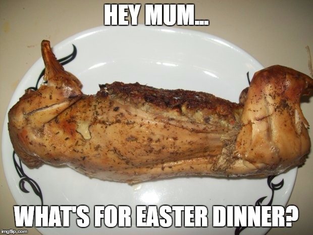 cooked rabbit | HEY MUM... WHAT'S FOR EASTER DINNER? | image tagged in cooked rabbit | made w/ Imgflip meme maker