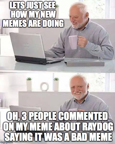 WELL EXCUSE ME FOR NOT LIKING RAYDOG'S MEMES | LETS JUST SEE HOW MY NEW MEMES ARE DOING; OH, 3 PEOPLE COMMENTED ON MY MEME ABOUT RAYDOG SAYING IT WAS A BAD MEME | image tagged in memes,hide the pain harold | made w/ Imgflip meme maker
