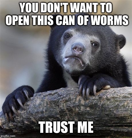 YOU DON'T WANT TO OPEN THIS CAN OF WORMS TRUST ME | image tagged in memes,confession bear | made w/ Imgflip meme maker