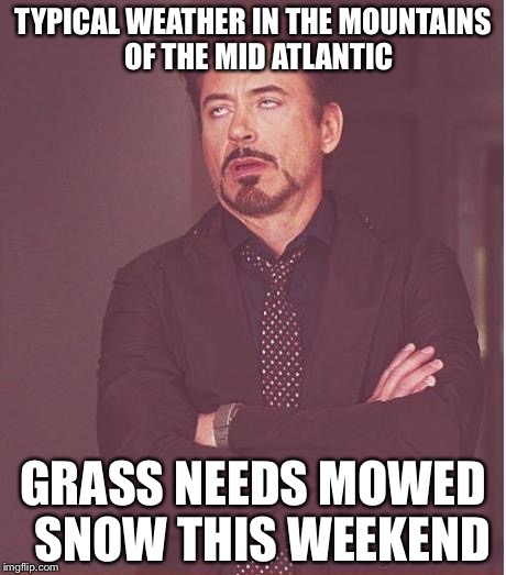 Face You Make Robert Downey Jr Meme | TYPICAL WEATHER IN THE MOUNTAINS  OF THE MID ATLANTIC; GRASS NEEDS MOWED  SNOW THIS WEEKEND | image tagged in memes,face you make robert downey jr | made w/ Imgflip meme maker