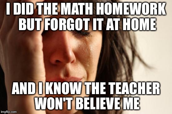 First World Problems Meme | I DID THE MATH HOMEWORK BUT FORGOT IT AT HOME; AND I KNOW THE TEACHER WON'T BELIEVE ME | image tagged in memes,first world problems | made w/ Imgflip meme maker