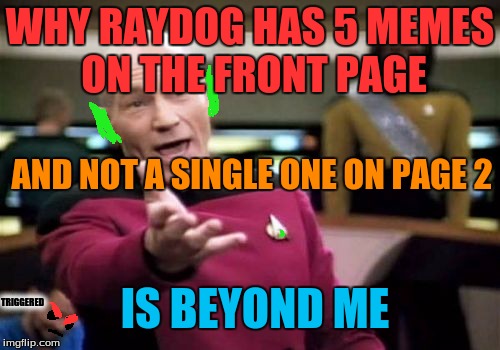 Its the way the puppy goes, I guess... | WHY RAYDOG HAS 5 MEMES ON THE FRONT PAGE; AND NOT A SINGLE ONE ON PAGE 2; IS BEYOND ME; TRIGGERED | image tagged in memes,picard wtf,raydog,goblin picard,triggered | made w/ Imgflip meme maker