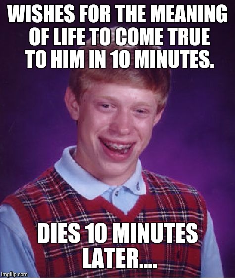 Bad Luck Brian | WISHES FOR THE MEANING OF LIFE TO COME TRUE TO HIM IN 10 MINUTES. DIES 10 MINUTES LATER.... | image tagged in memes,bad luck brian | made w/ Imgflip meme maker
