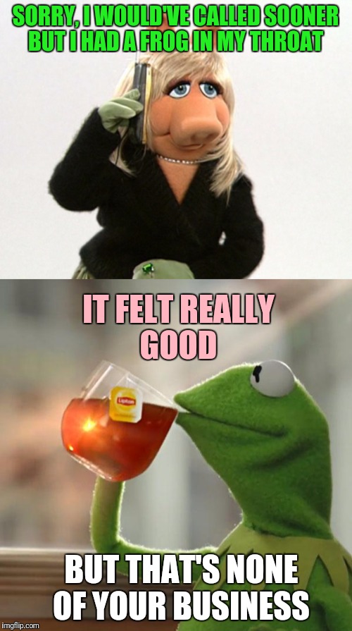 Honey, You're Sharing Our Personal Life Again  | SORRY, I WOULD'VE CALLED SOONER BUT I HAD A FROG IN MY THROAT; IT FELT REALLY GOOD; BUT THAT'S NONE OF YOUR BUSINESS | image tagged in mrs piggy,but thats none of my business,kermit the frog,funny,memes | made w/ Imgflip meme maker