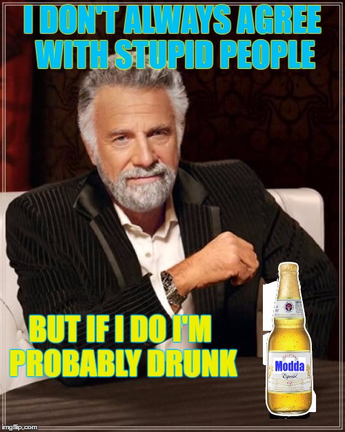 The Most Interesting Man In The World Meme | I DON'T ALWAYS AGREE WITH STUPID PEOPLE BUT IF I DO I'M PROBABLY DRUNK | image tagged in memes,the most interesting man in the world | made w/ Imgflip meme maker