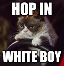 Grumpy Cat Car | HOP IN; WHITE BOY | image tagged in grumpy cat car,scumbag | made w/ Imgflip meme maker